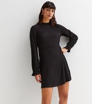 New Look Black Crinkle Jersey High Neck Long Sleeve Mini Dress